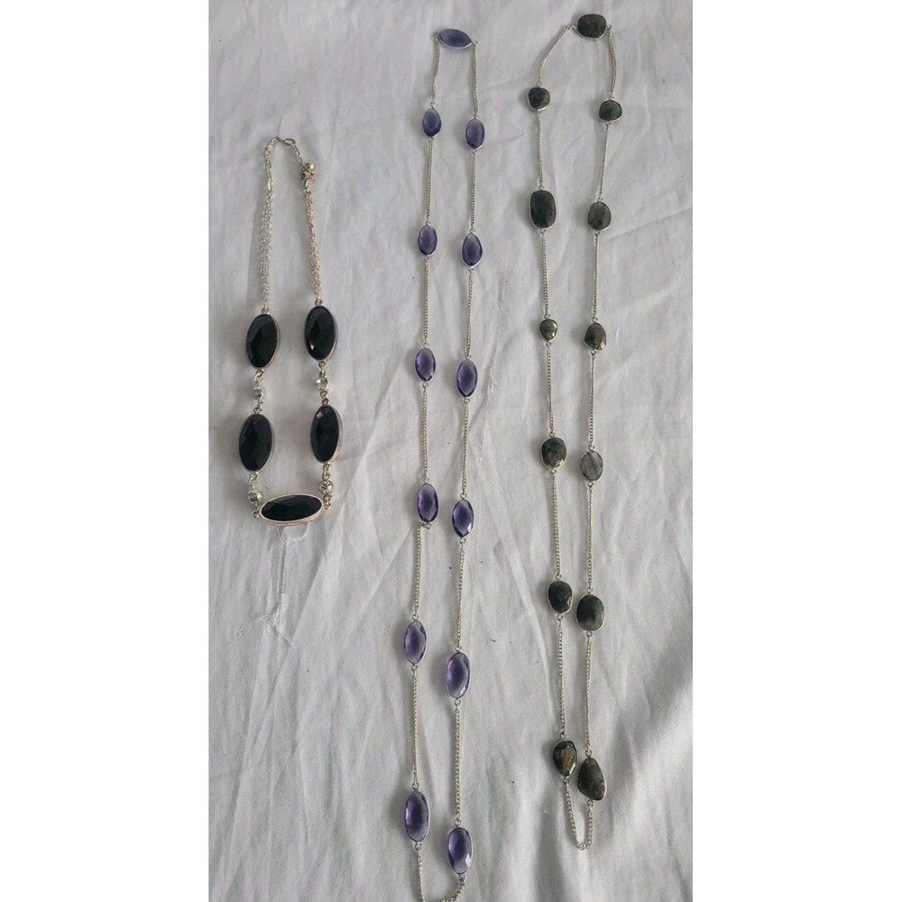 Lot 3 Stone Necklaces Black Faceted Purple Amethyst Color Gray Long Endless